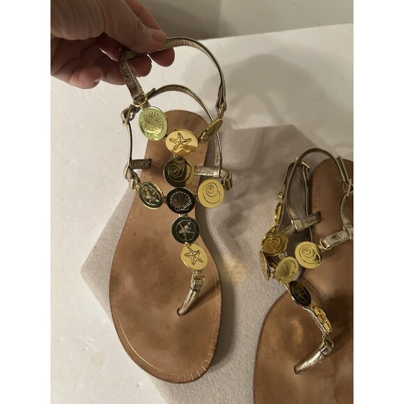 Lilly Pulitzer Gold Leather Sandal shell engraved medallions W 6 EUC ankle strap - Picture 1 of 9